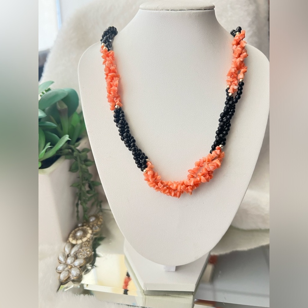 Vintage black glass and pink coral necklace